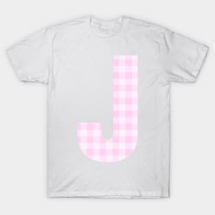 Pink Letter J in Plaid Pattern Background. T-Shirt